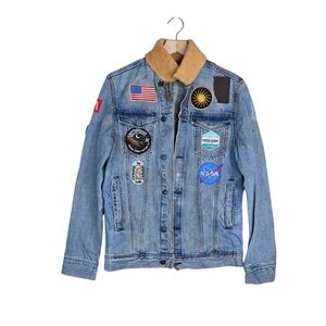 H & M & Denim Unisex Washed Denim NASA Logo Trucker Distressed Jean Jacket